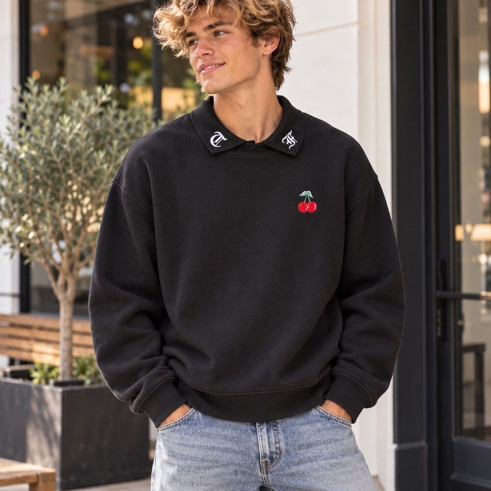 Teddy Fresh Cherry Collared Pullover Sweatshirt Men's XL Black Gothic oversized